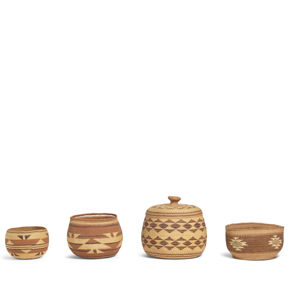 Four Northern California or Southern Oregon polychrome baskets: Four Northern California or Southern Oregon polychrome baskets Including two Karok bowls; another Northwest California lidded example; and a Klamath/Modoc container with quilled accents. diameter 8 1/