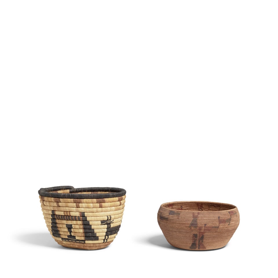 Two Western polychrome baskets: Western Mono and Hopi: Two Western Native American polychrome baskets A Western Mono or Washoe with painted eccentric geometric motifs; and an oval Hopi coiled pictorial example, with Crow Mother katsina heads and quadruped
