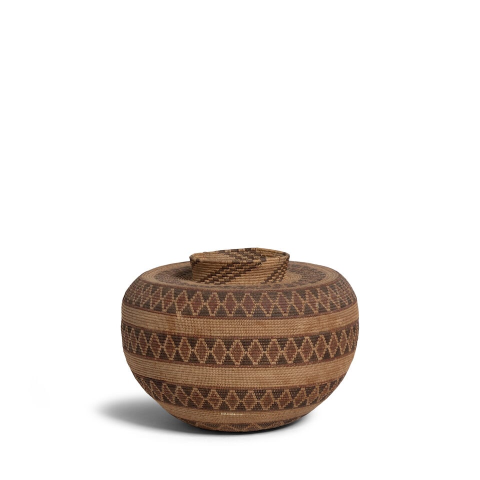 A Tubatulabul polychrome bottleneck basket: A Tubatulabul polychrome bottleneck basket Of bulbous form, with five rattlesnake bands encircling the body, stepped diagonals at the neck, short rows of quilled details near the base, areas of