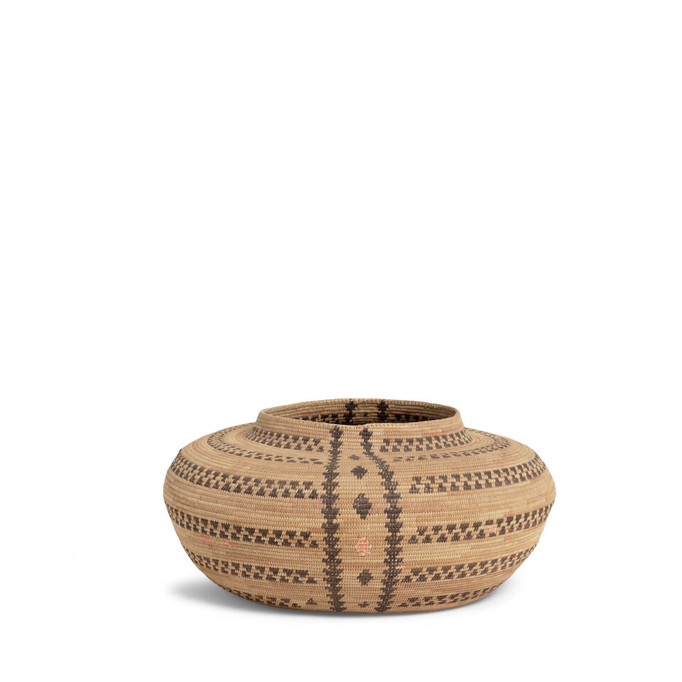 A Western Mono polychrome bottleneck basket, attributed to Nellie Lavelle: A Western Mono polychrome bottleneck basket Attributed to Nellie Lavelle, (19th/20th century), finely woven with dense zigzag bands separated by stacked triangle columns framing diamond motifs,