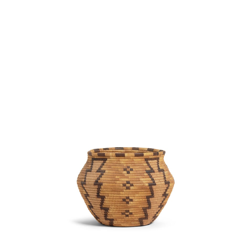 A California Chemehuevi polychrome olla: A California Chemehuevi polychrome olla Victorville area, alternating stacked diamond columns with cruciform motifs. diameter 5 1/2in, height 4 1/8in Footnotes: The attribution to the Victorville