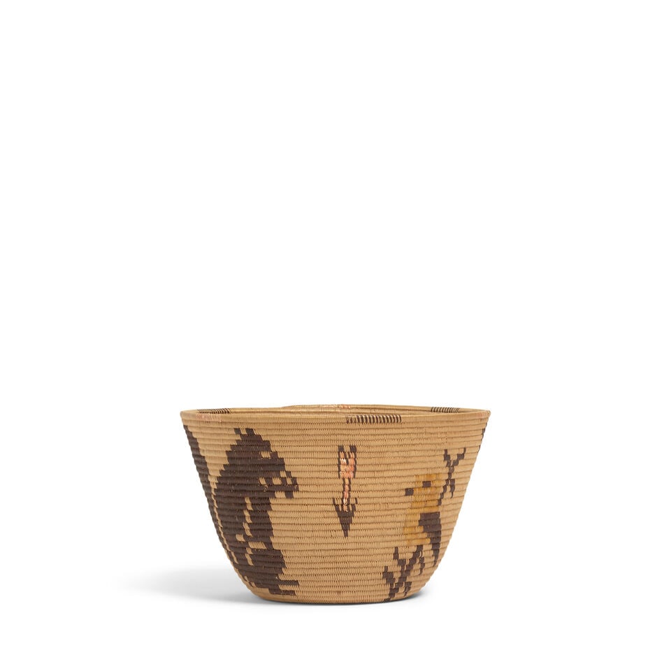 A Panamint Shoshone (Timbisha) polychrome pictorial basket, attributed to Mamie Gregory (1 of 3)