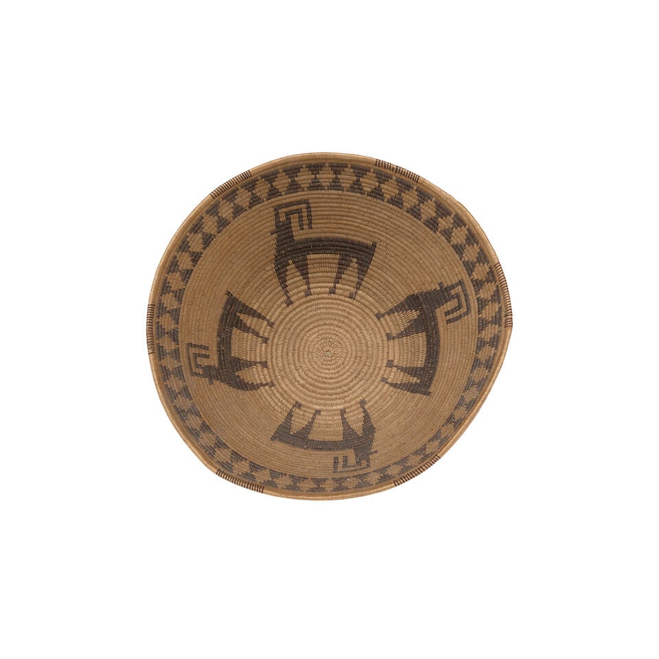 A Panamint Shoshone (Timbisha) pictorial basket: A Panamint Shoshone (Timbisha) pictorial basket Four bighorn sheep arrayed above the base, a prominent diamondback motif band encircling the rim. diameter 9 1/2in, height 5in Footnotes: Provenance ex-