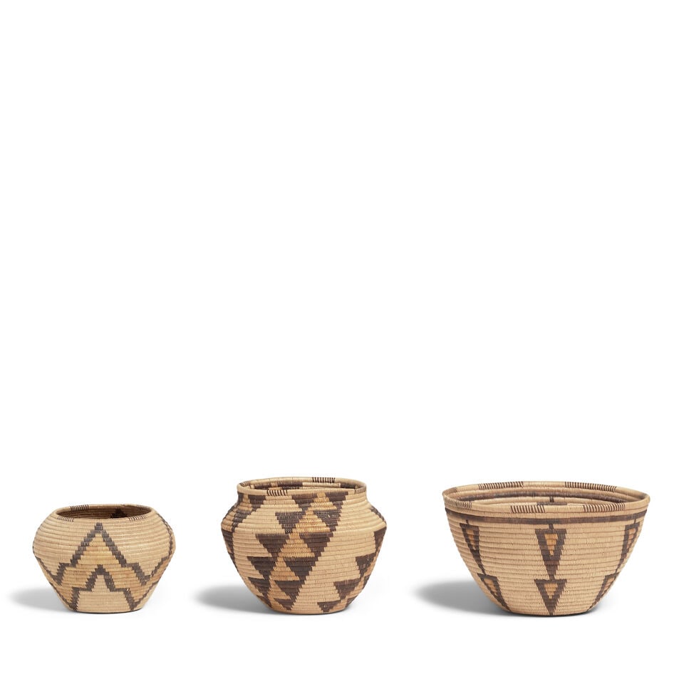 Three Panamint Shoshone (Timbisha) petite polychrome baskets (1 of 2)