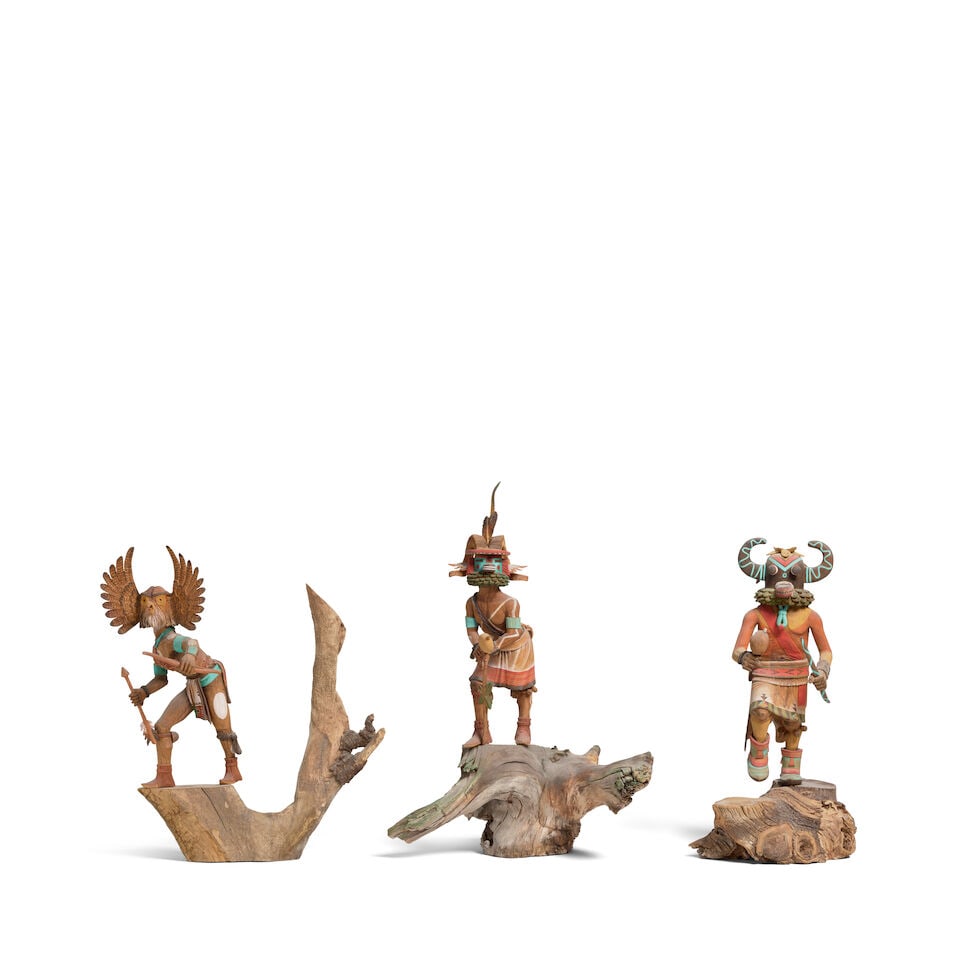 Three Loren Phillips katsina carvings: Loren Phillips Hopi, (b. 1942), three katsina figures, carved and painted wood, including Owl, Mountain Sheep, and Tahaum Soyoko or Black Ogre's Uncle katsina, each mounted on a piece of wood, each ap