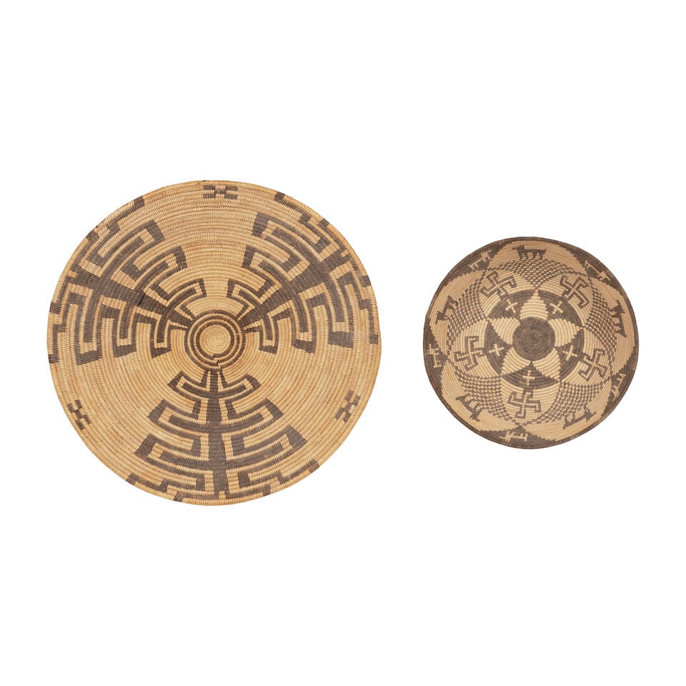 Two Southwest baskets: Yavapai and Apache: Two Southwest baskets Including a Yavapai example, three cruciform columns rising from a banded center; and an Apache pictorial deep bowl, with quadrupeds and whirling log motifs set within a complex 