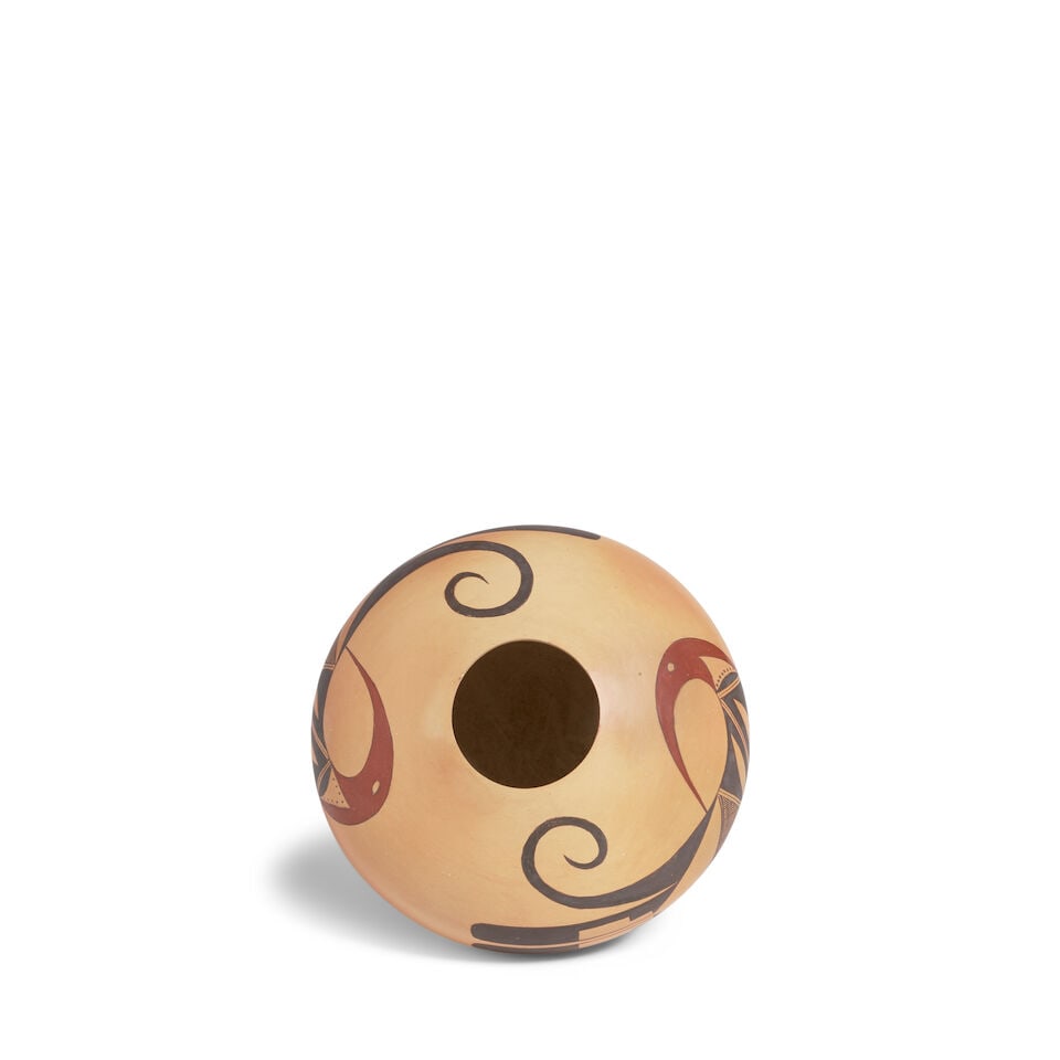 A Dextra Quotskuyva Nampeyo polychrome jar: Dextra Quotskuyva Nampeyo Hopi-Tewa, (1928-2019), a polychrome seed jar, a matched pair of avian motifs on the sides, etched signature 'Dextra' with ear of corn pictogram at base. diameter 5 3/4in,