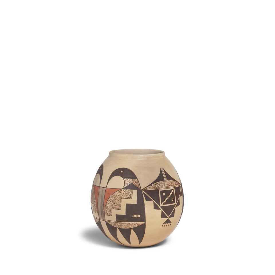 A Dextra Quotskuyva Nampeyo polychrome jar: Dextra Quotskuyva Nampeyo Hopi-Tewa, (1928-2019), a polychrome jar, alternating two pairs of opposing bird motifs with stepped geometric devices, signed 'Dextra' with ear of corn pictogram at