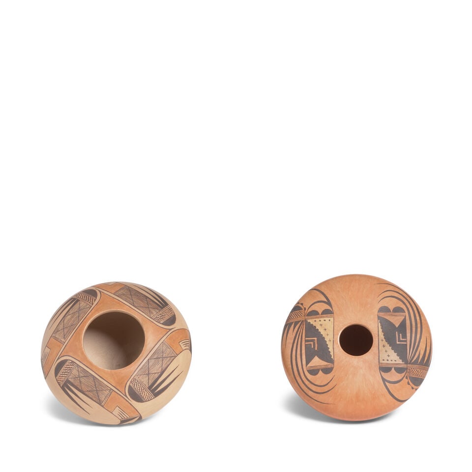 Two Dextra Quotskuyva Nampeyo petite polychrome jars: Dextra Quotskuyva Nampeyo Hopi-Tewa, (1928-2019), two petite polychrome seed jars, painted with either two or four repeat feathered wing motifs, each signed 'Dextra' with ear of corn pictogram at
