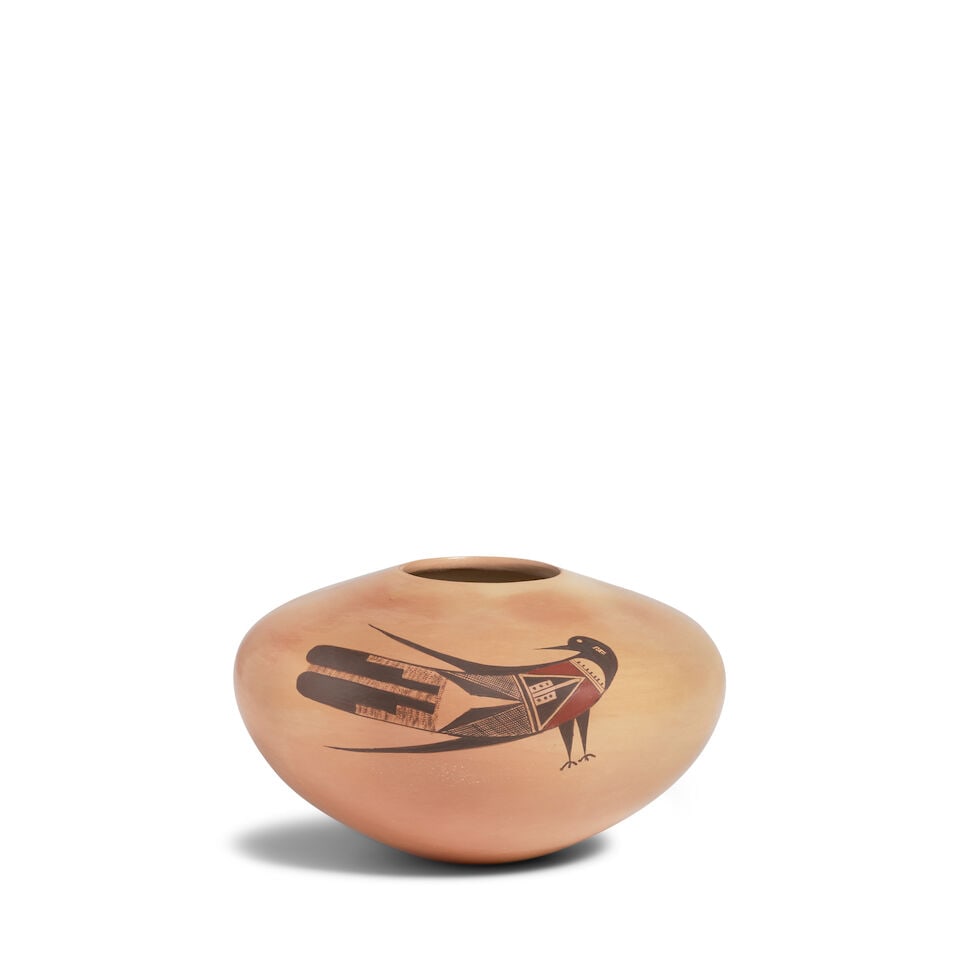 A Dextra Quotskuyva Nampeyo polychrome jar: Dextra Quotskuyva Nampeyo Hopi-Tewa, (1928-2019), a polychrome seed jar, each side painted with a distinctive avian motif, etched signature 'Dextra' with painted ear of corn pictogram at