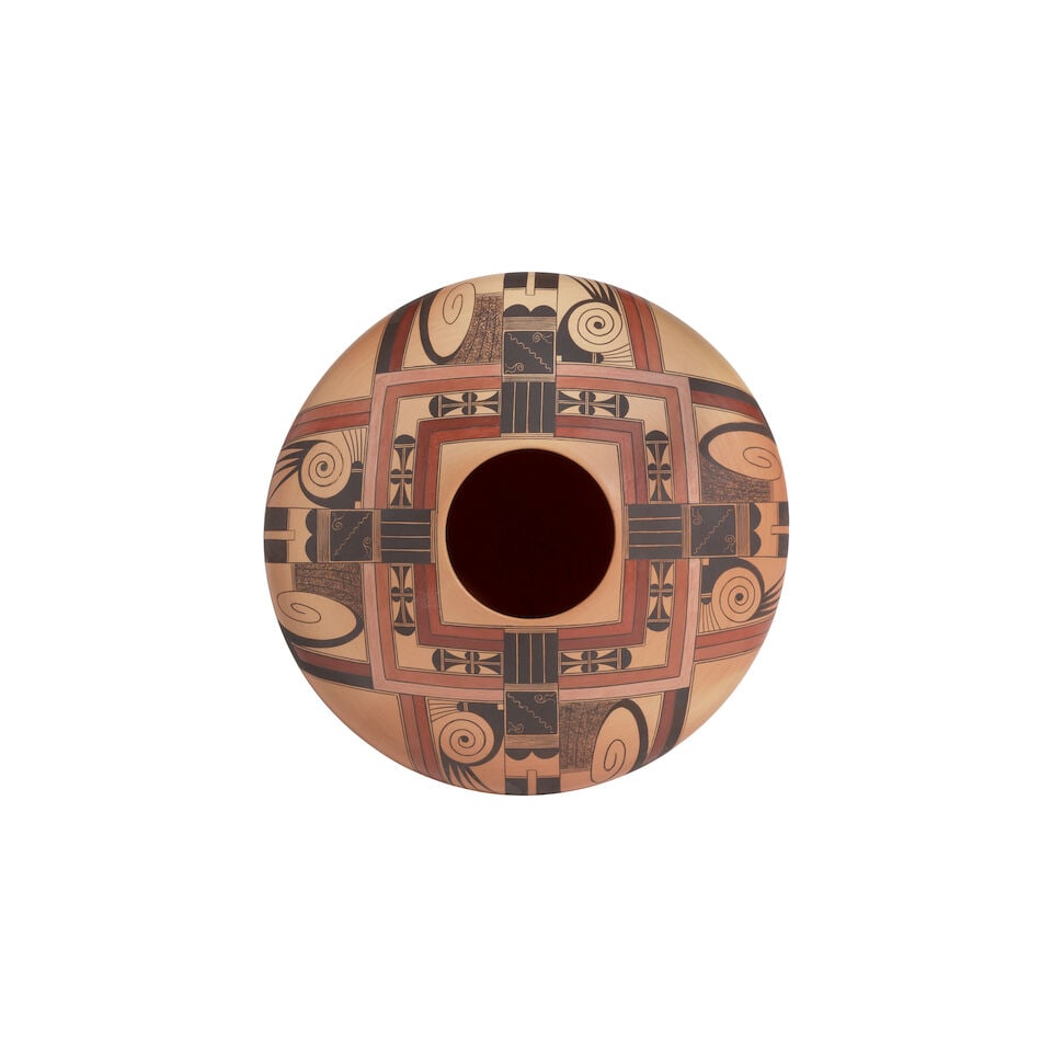 A Jacob Koopee polychrome seed jar: Jacob Koopee Hopi-Tewa, (1970-2011), a polychrome seed jar, four repeat registers with curvilinear and stylized feather motifs around a banded square frame, etched signature 'Koopee' with Kokopelli