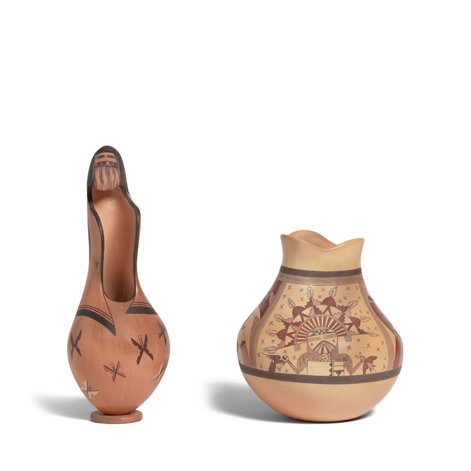 Two Jacob Koopee polychrome pottery katsina motif vessels: Jacob Koopee Hopi-Tewa, (1970-2011), two polychrome pottery vessels; a long-necked vase depicting Takus Mana or Yellow Corn Maiden, butterflies painted about the lower vessel; together with a jar