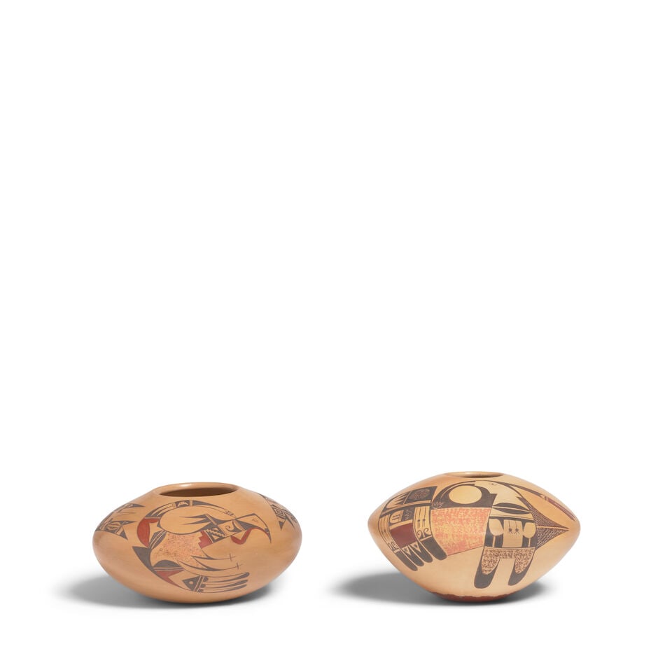 Two Dextra Quotskuyva Nampeyo petite polychrome avian motif jars: Dextra Quotskuyva Nampeyo Hopi-Tewa, (1928-2019), two petite polychrome seed jars, one with a pair of mirror image registers of stylized birds and related motifs; the other alternating avian forms