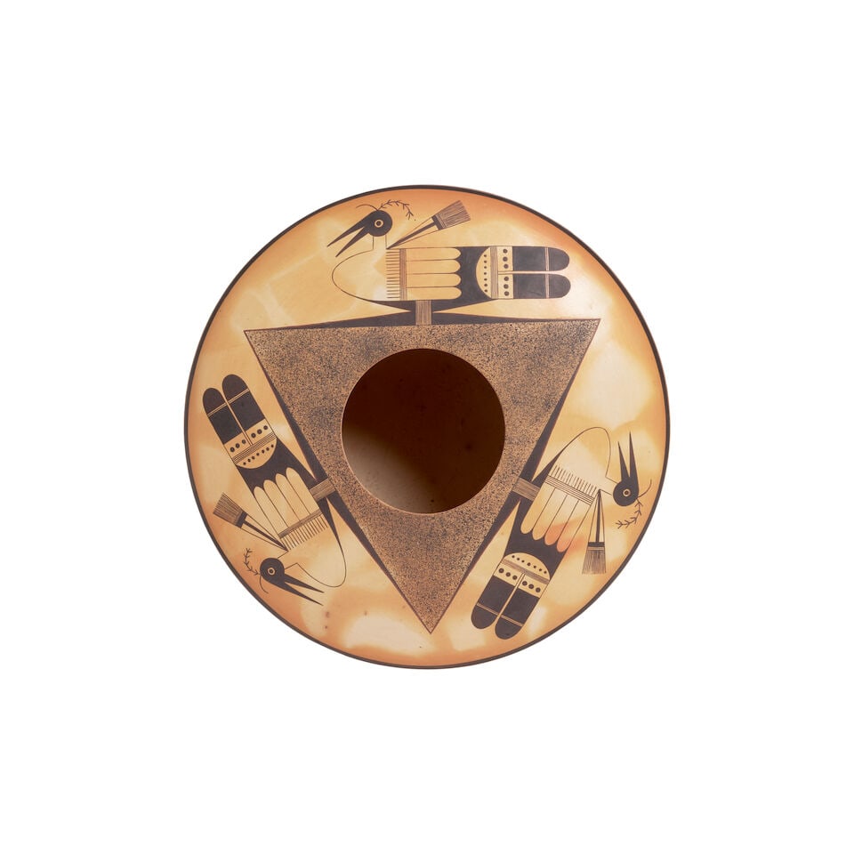 A Jacob Koopee pictorial polychrome jar: Jacob Koopee Hopi-Tewa, (1970-2011), 2009, a pictorial polychrome seed jar, a trio of avian figures about the mouth, three registers of solitary birds flanked by banded curvilinear motifs below the