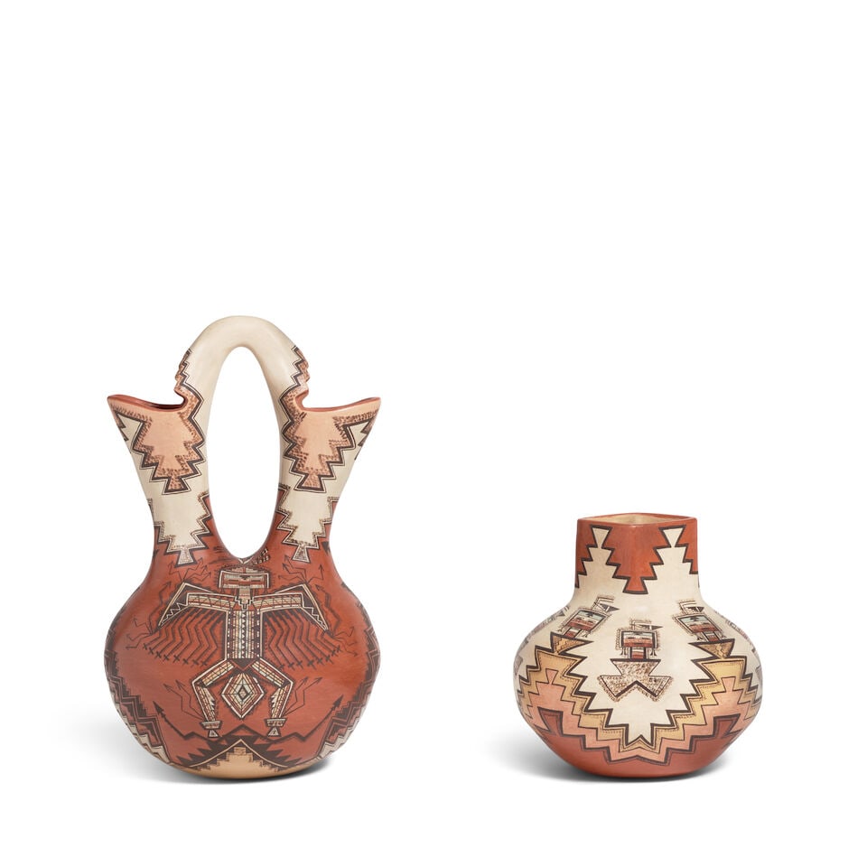 Two Lucy Leuppe McKelvey polychrome pottery vessels: Lucy Leuppe McKelvey Diné (Navajo), (b. 1950), two polychrome pottery vessels, including a square-mouth jar, 'Cloud Gods'; and a wedding vase, 'Summer Thunders'; each signed and titled at