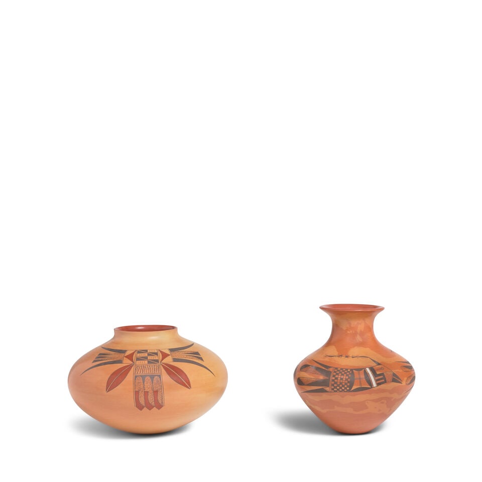 Two Loren Ami polychrome pottery vessels: Loren Ami Hopi-Tewa, (1968-2020), two polychrome pottery vessels, including a jar with low neck, a pair of lozenges incorporating avian and plant motifs; and a marbled clay vase with flared lip, a tri