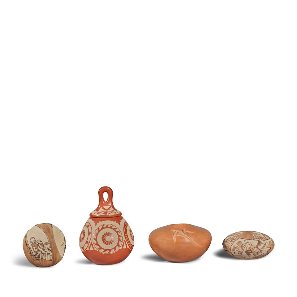 Four Hopi petite pottery vessels, Nampeyo Family: Four Hopi petite pottery vessels Nampeyo Family, including a lidded sgraffito jar dated 3-76, Thomas Polacca Nampeyo, (1935 - 2003), the handle repaired; two carved pictorial examples, Loren H.