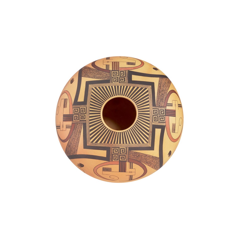 A Jacob Koopee polychrome jar: Jacob Koopee Hopi-Tewa, (1970-2011), a polychrome seed jar, painted with four registers of curvilinear whorls and fineline elements, the mouth framed by a radiant banded square border, etched