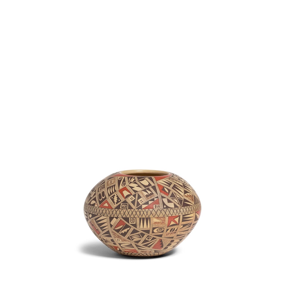 A Rodina Huma polychrome jar: Rodina Huma Hopi-Tewa, (b. 1947), a polychrome seed jar, the top and bottom hemispheres painted with four distinct registers of geometric motifs, a crosshatched band about the equator and along