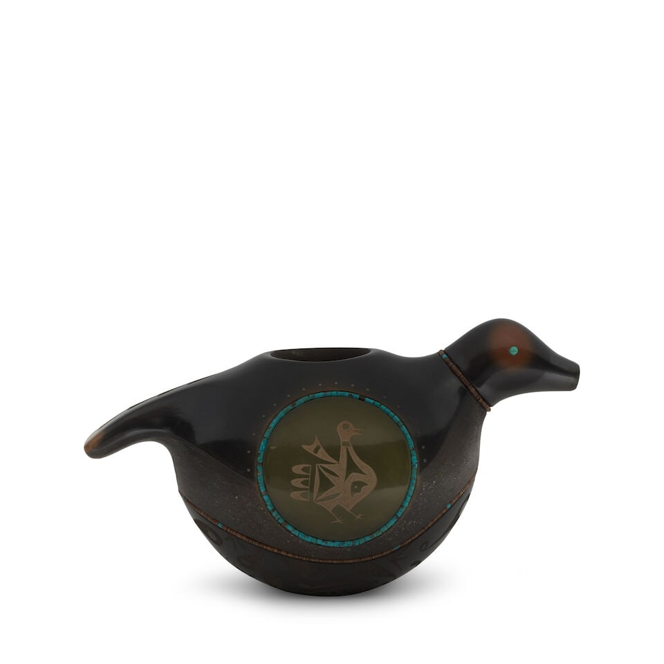 A Russell Sanchez sgraffito blackware bird effigy vessel (1 of 3)