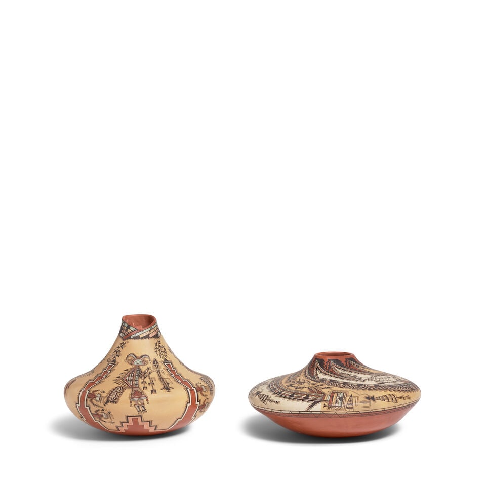 Two Lucy Leuppe McKelvey polychrome pottery vessels: Lucy Leuppe McKelvey Diné (Navajo), (b. 1950), two polychrome pottery vessels, including a seed jar, 'Whirling Rainbow Goddesses of Windway Chant'; and a vase with stepped rim, 'Whirling Logs of 