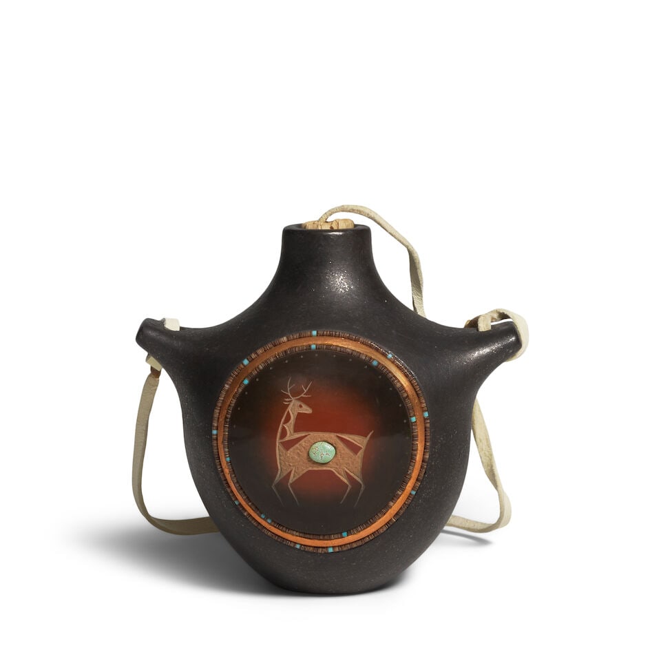 A Russell Sanchez sgraffito petite canteen: Russell Sanchez San Ildefonso, (b. 1963), a petite canteen, each side centering a polished rondel with sgraffito elk or deer set with a turquoise cabochon, heishi and turquoise bead borders,