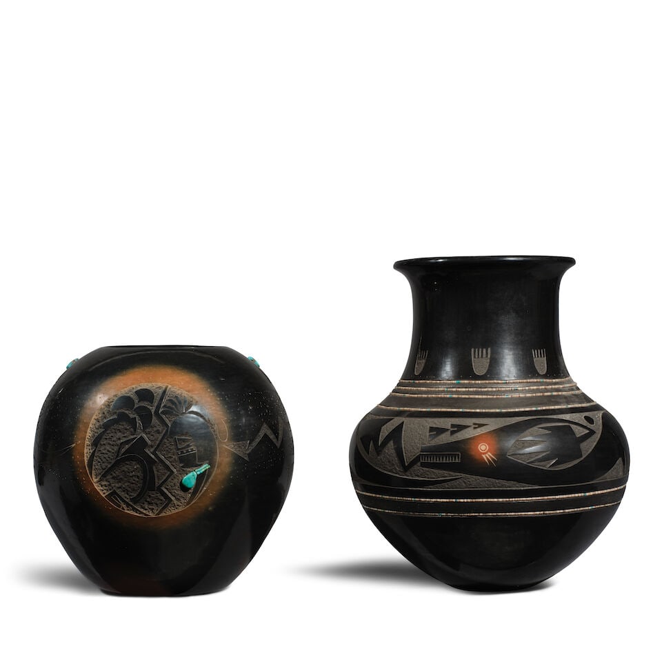 Two Russell Sanchez sgraffito blackware vessels (1 of 1)