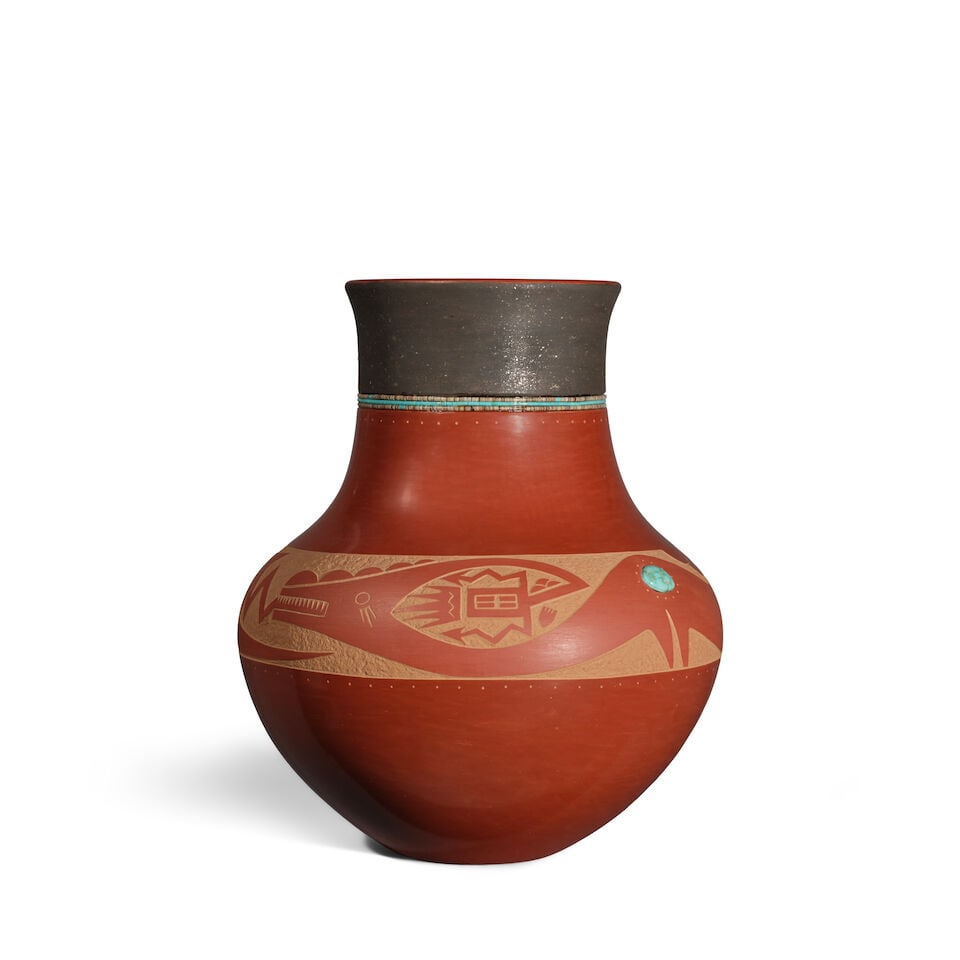 A Russell Sanchez sgraffito redware vase: Russell Sanchez San Ildefonso, (b. 1963), a redware vase, the neck with gray micaceous slip band at the opening framed by heishi and turquoise bead rings, a sgraffito avanyu about the shoulder, the fo