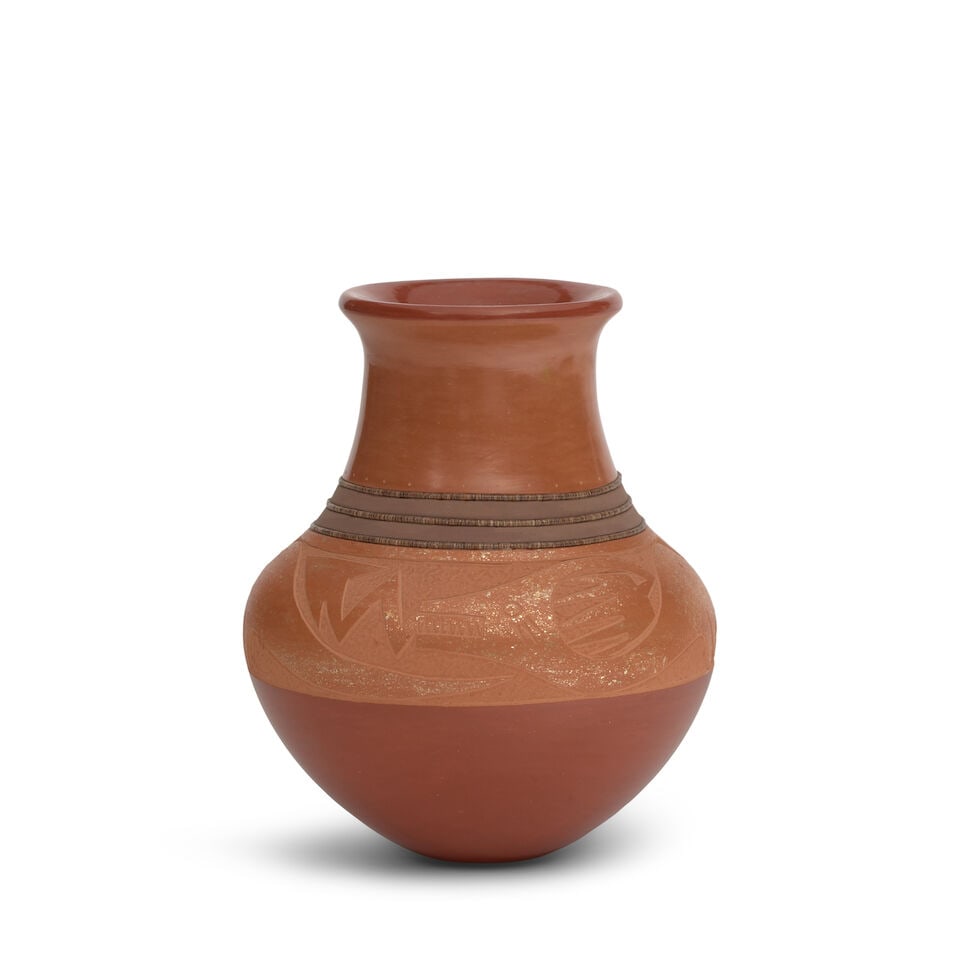 A Russell Sanchez sgraffito redware vase: Russell Sanchez San Ildefonso, (b. 1963), a redware vase, with polished neck and lower quadrant, heishi bands at the collar, a sgraffito avanyu with micaceous finish about the shoulder, signed