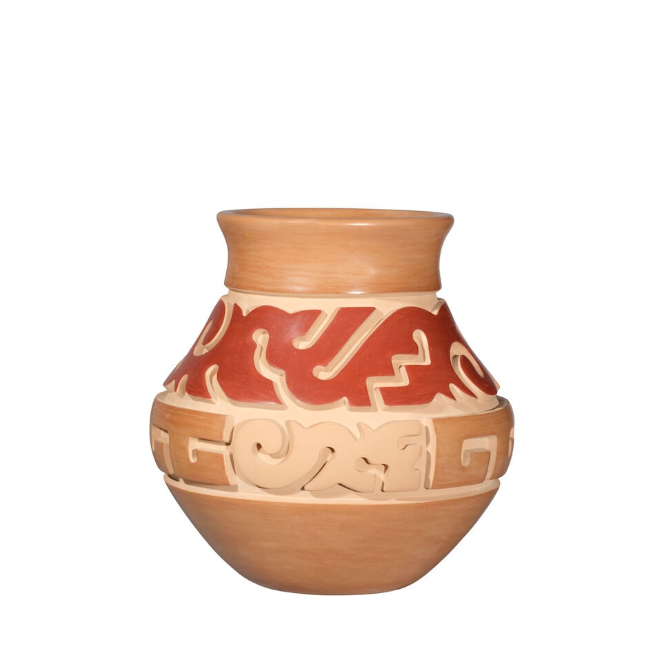 A Nathan Youngblood carved buff and redware vase: Nathan Youngblood Santa Clara, (b. 1954), a carved buff and redware vase, stylized curvilinear and geometric motifs above the shoulder, a fretwork band about the center, signed at the base. diameter