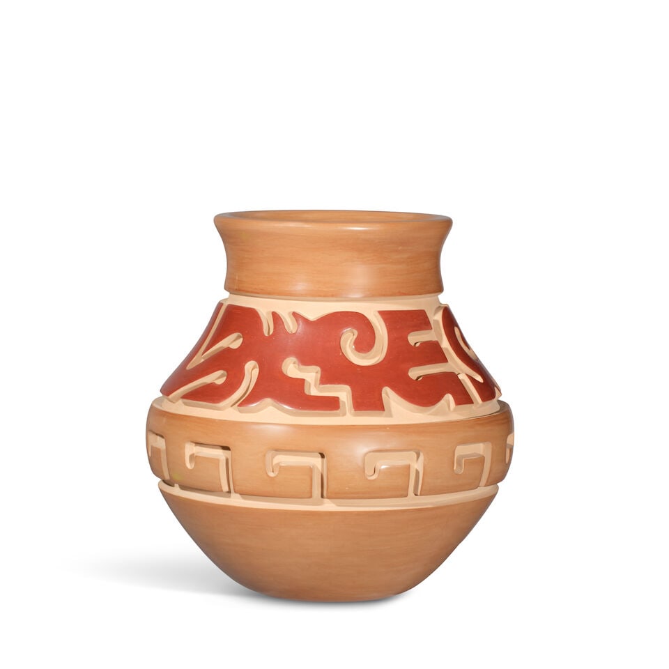A Nathan Youngblood carved buff and redware vase - 3