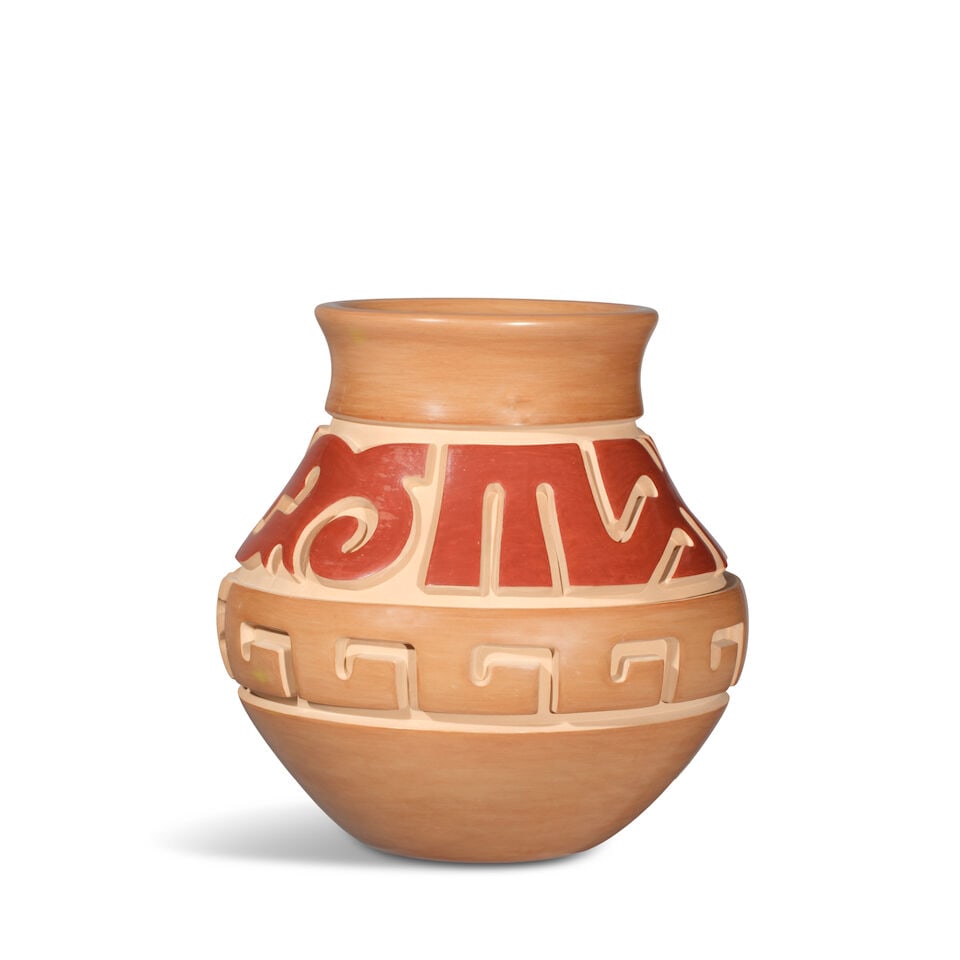 A Nathan Youngblood carved buff and redware vase - 4