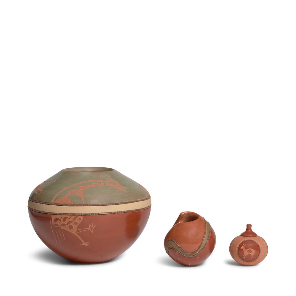 Three Russell Sanchez sgraffito redware vessels - 2