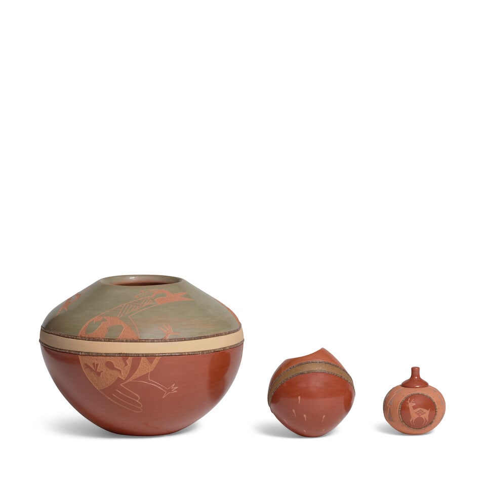 Three Russell Sanchez sgraffito redware vessels - 3