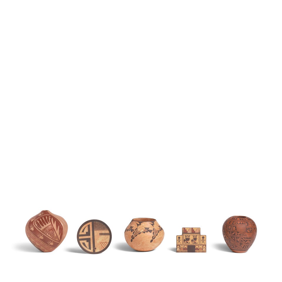 Five modern Southwest pottery items: Five modern Southwest pottery items 20th century, including a sgraffito and lobed jar, signed 'Vangie Tafoya, Jemez'; a plate and jar, each signed 'C. (Calvin) Analla Jr., Laguna'; an unsigned Hopi