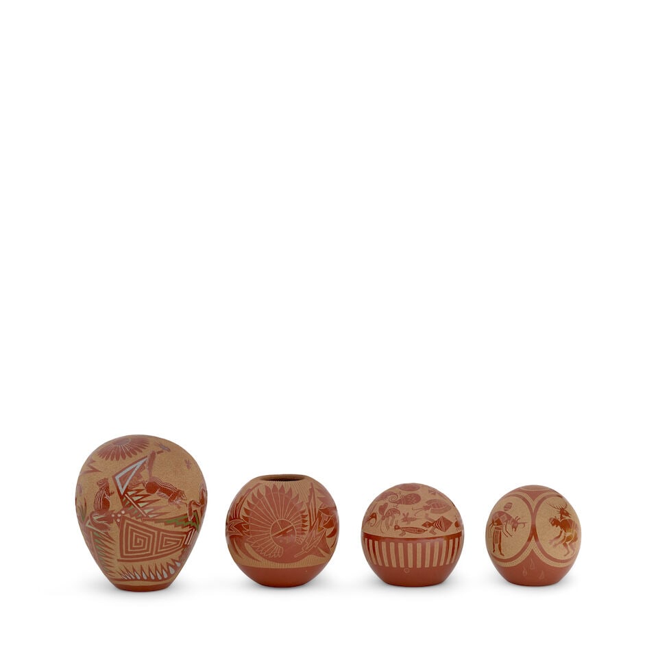 Four Joseph Lonewolf petite sgraffito redware pottery vessels: Joseph Lonewolf Santa Clara, (1932-2014), four sgraffito redware petite or miniature pottery vessels, variously illustrated with naturalistic, spiritual and stylized elements, the smallest two with Mi