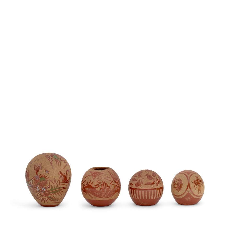Four Joseph Lonewolf petite sgraffito redware pottery vessels - 3