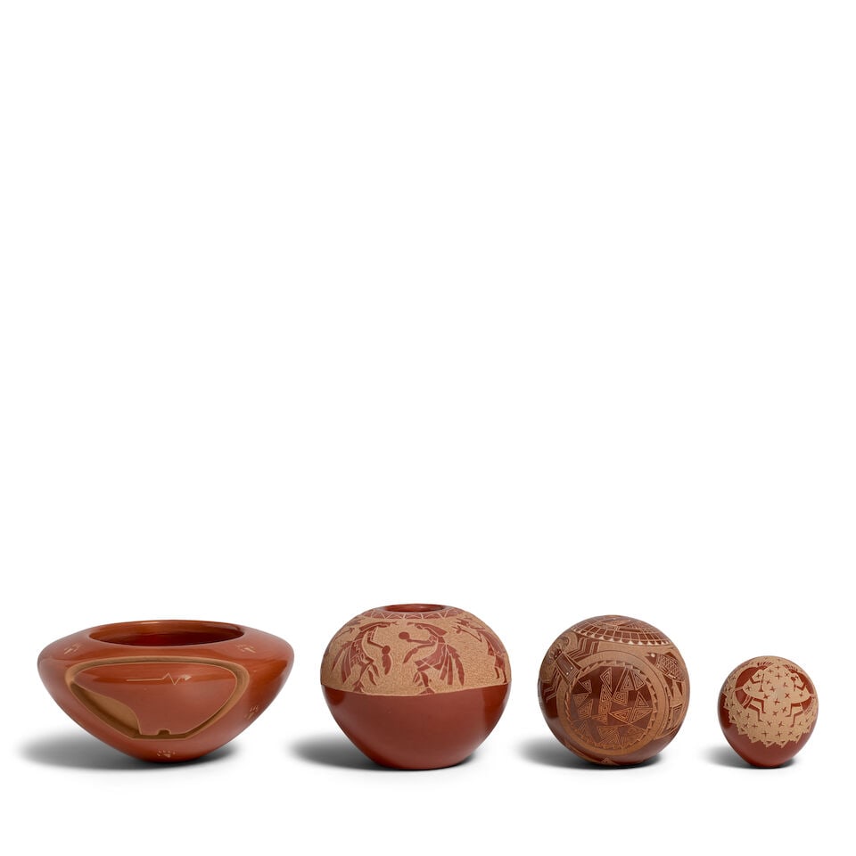 Four Santa Clara petite sgraffito redware vessels: Four Santa Clara petite sgraffito redware vessels 20th century, including a low jar with carved bear and bear paw motifs by Effie and Orville Garcia; a jar with Pueblo dancers, signed Goldenrod (John 