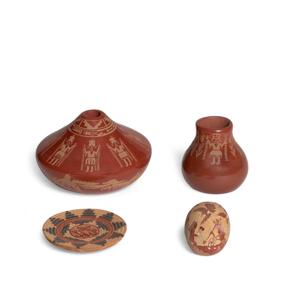 Four Grace Medicine Flower and Camilio 'Sunflower' Tafoya petite sgraffito redware pottery vessels: Grace Medicine Flower and Camilio 'Sunflower' Tafoya Santa Clara, (b. 1938) and (1902-1995), four petite sgraffito redware pottery vessels, the largest two signed Grace Medicine Flower, including a