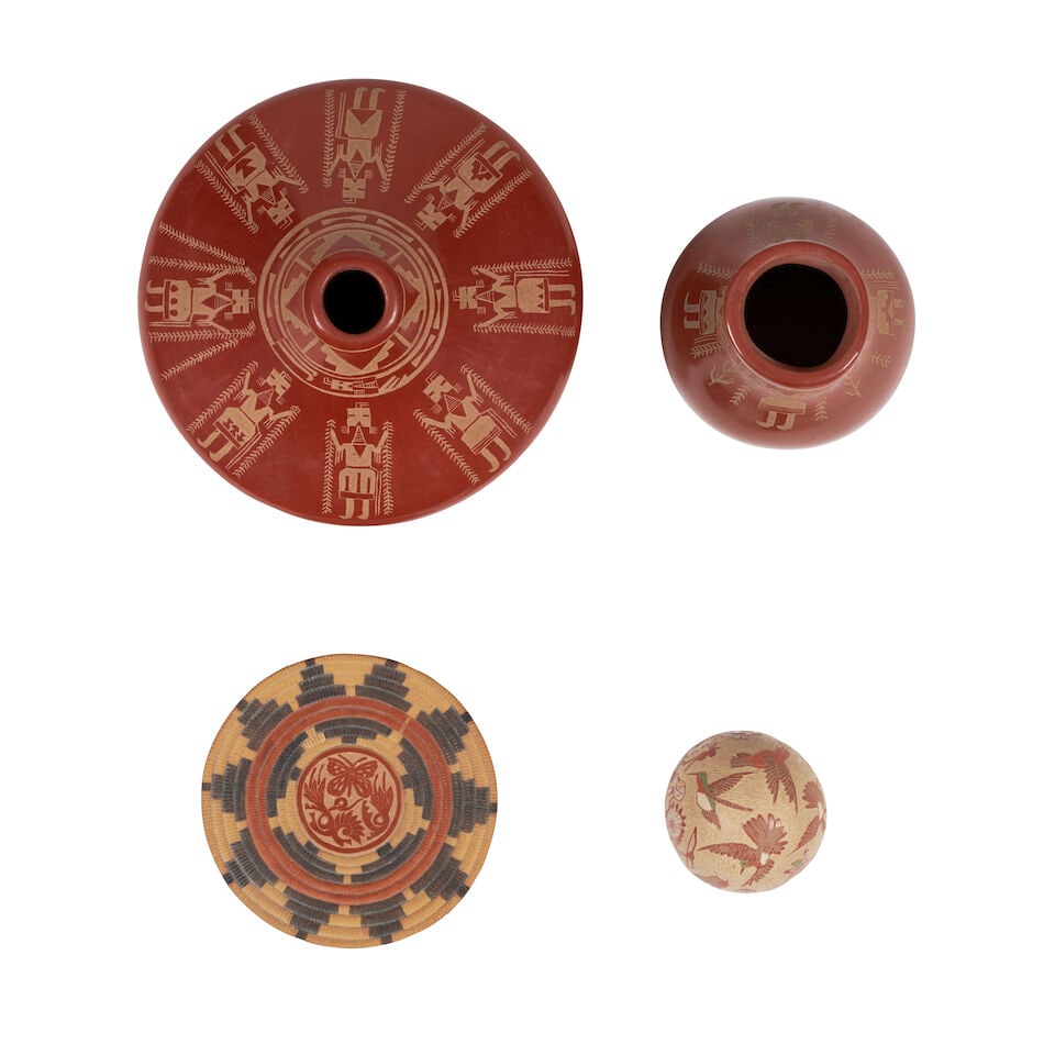 Four Grace Medicine Flower and Camilio 'Sunflower' Tafoya petite sgraffito redware pottery vessels - 2