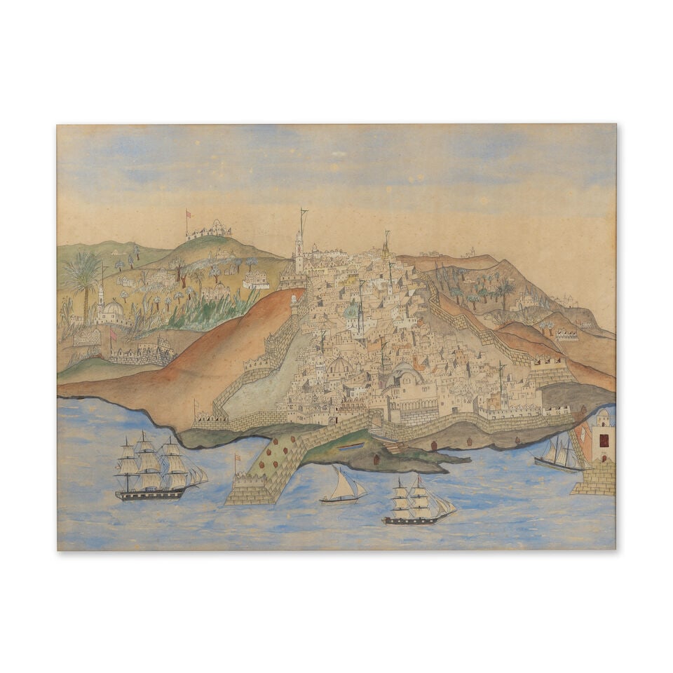 Vue du port d'Algers et des navires de guerre étrangers, Afrique du Nord, XIXème/ XX&#...: Vue du port d'Algers et des navires de guerre étrangers, Afrique du Nord, XIXème/ XXème siècle A view of the Port of Algiers with foreign warships in the harbour North Africa,