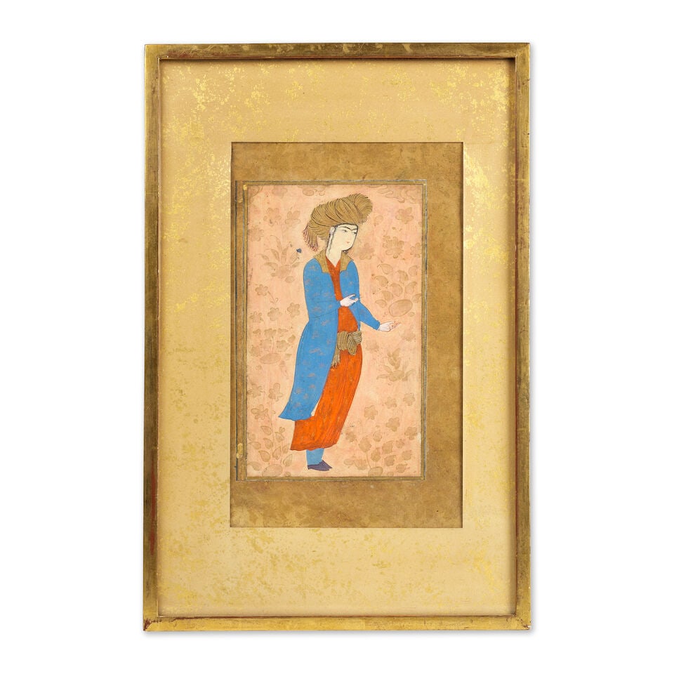 Jeune homme portant un turban doré et un manteau bleu à la manière de Mu'in Qadja... - 2