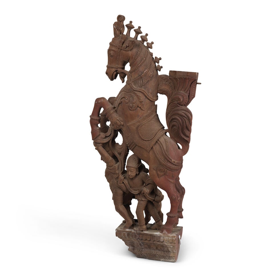 Élément d'un char hindou (Ratha) en bois sculpté représentant un cheval cab... - 2