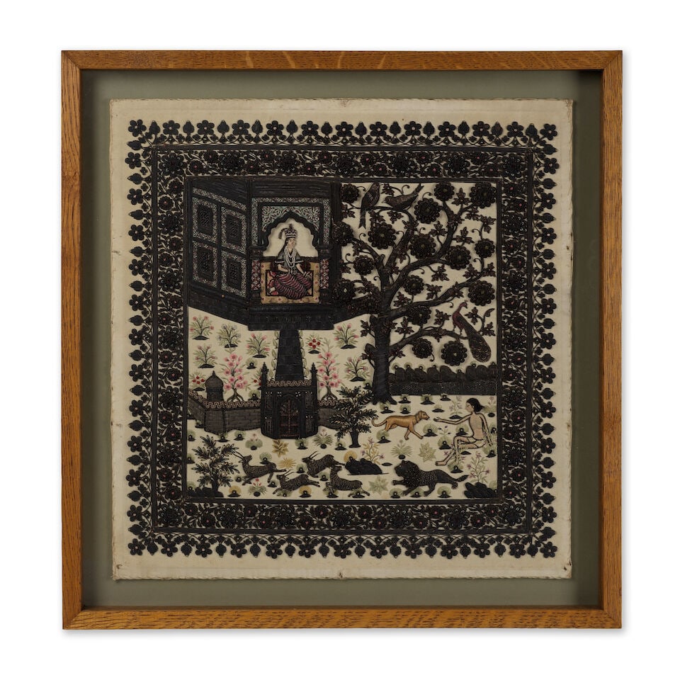 Panneau en soie brodée de fils d'argent et de perles représentant Layla et Majnun, Nor... - 3