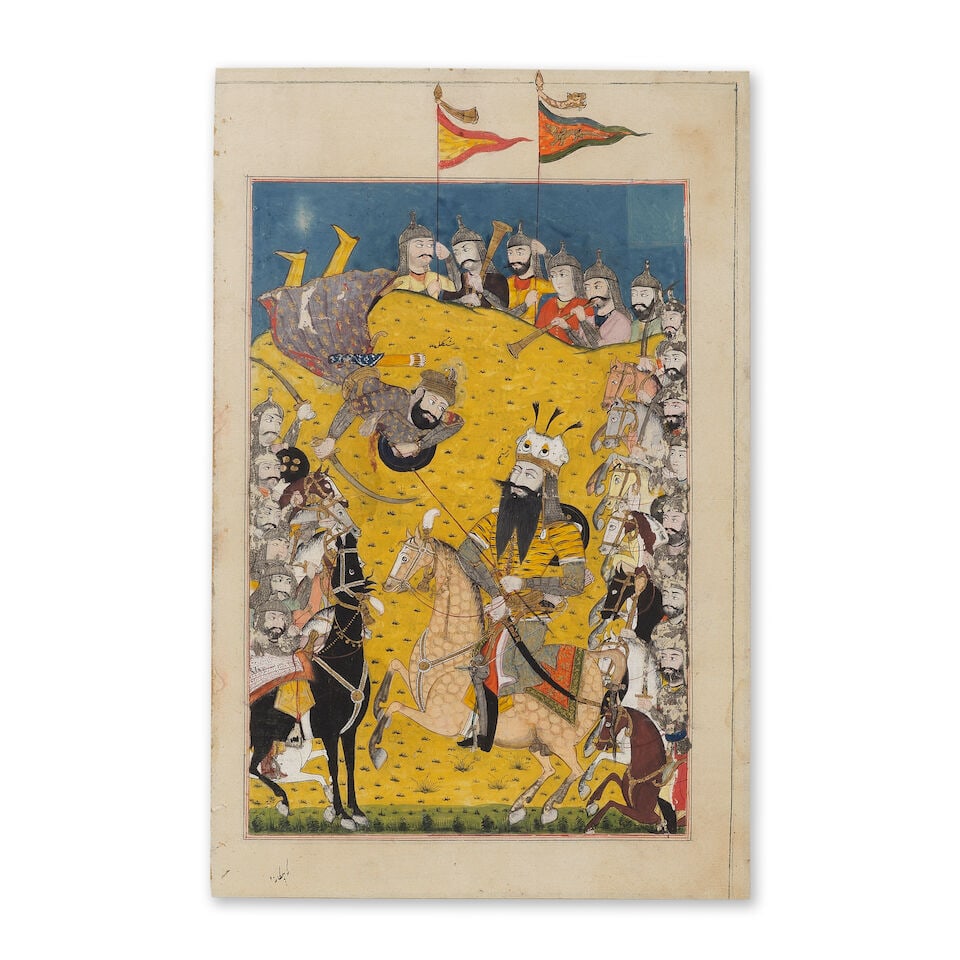 Rustam au combat et avec la pointe de sa lance soulevant son adversaire, possiblement Shangol d'...: Rustam au combat et avec la pointe de sa lance soulevant son adversaire, possiblement Shangol d'Hind, illustrant une scène du Shâhnâmeh de Ferdowsi, Nord de l'Inde, XIXème