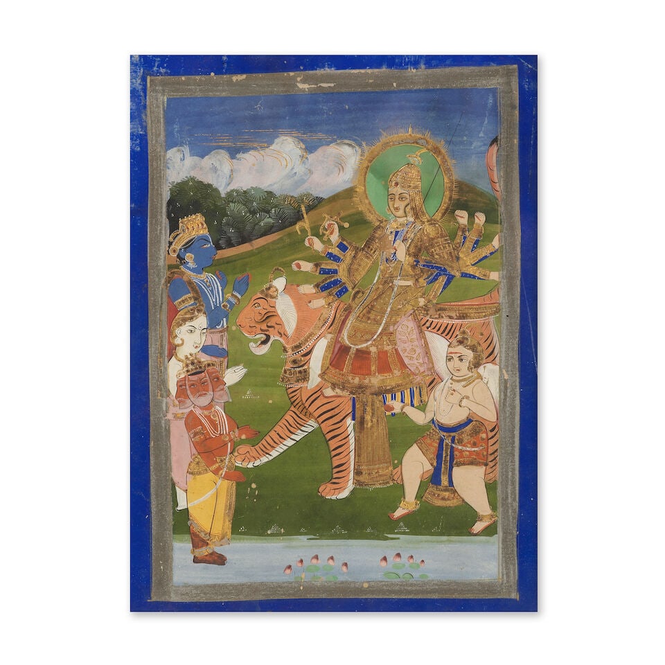 Durga avec Brahma et d'autres divinités, Jaipur, vers 1860-1870 Durga with Brahma and other...: Durga avec Brahma et d'autres divinités, Jaipur, vers 1860-1870 Durga with Brahma and other deities Jaipur, circa 1860-70 gouache and gold on paper, silver and blue border 325 x 240 mm. For