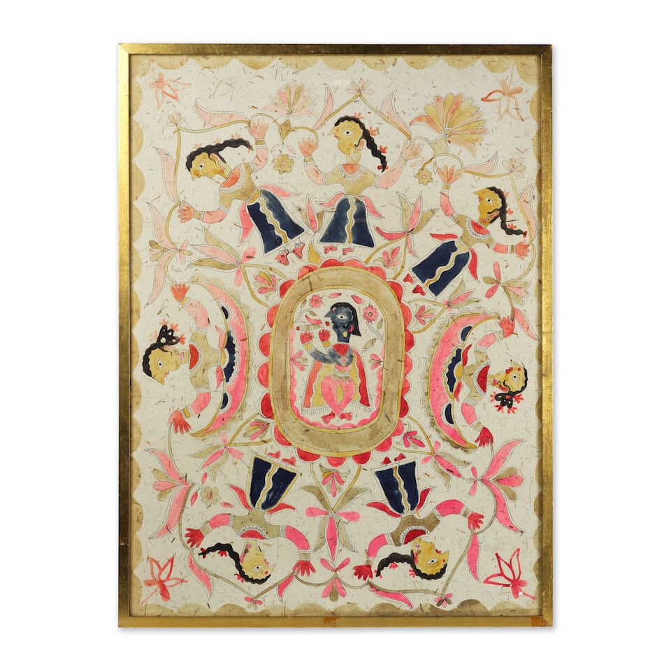 Peinture Madhubani représentant Khrishna jouant de la flûte et entouré des gopis,... - 2