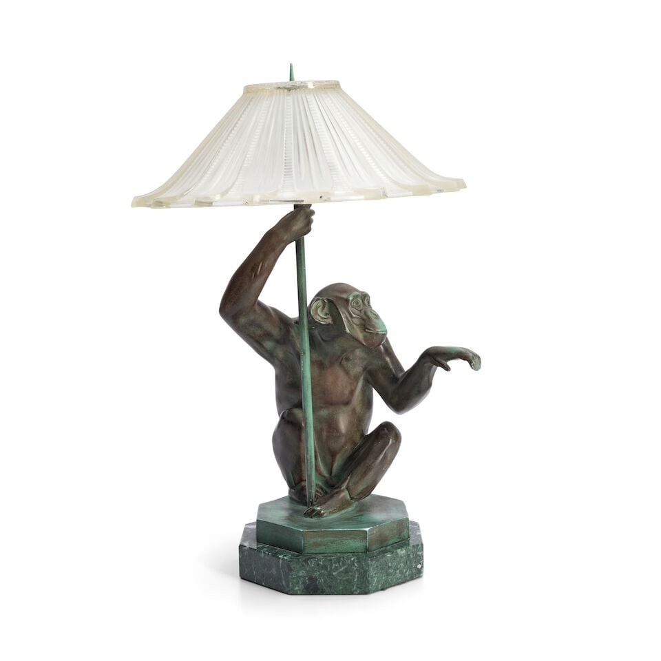 Max Le Verrrier (1891-1973) 'Pluie' Figural Table Lamp,: Max Le Verrrier (1891-1973) 'Pluie' Figural Table Lamp, France, designed 1927, patinated spelter, marble, two candelabra-base sockets, molded mark 'Le Verrier' and impressed stamp mark 'Le Verrier Par