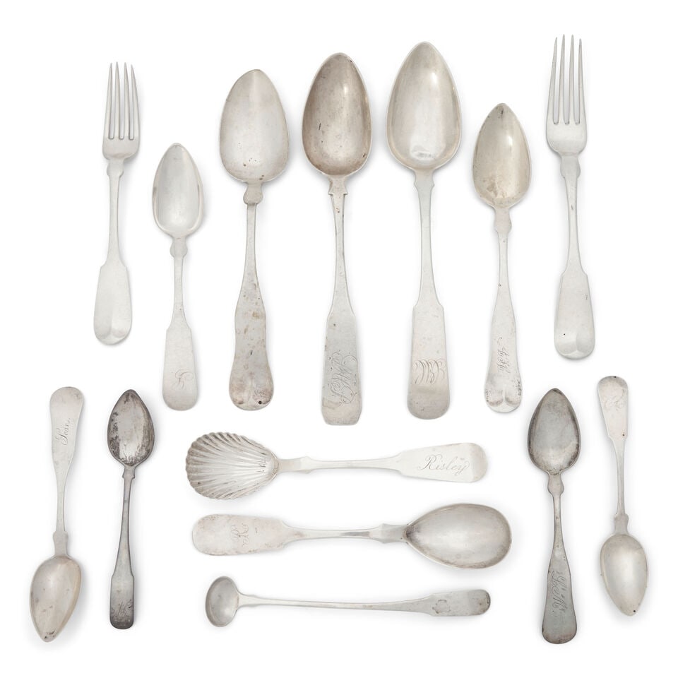 Assembled Collection of American Coin Silver Flatware mostly New England, early 19th century: Assembled Collection of American Coin Silver Flatware mostly New England, early 19th century Approximately 103 pieces in various patterns, contained in a mahogany chest, including: Two teaspoons impre