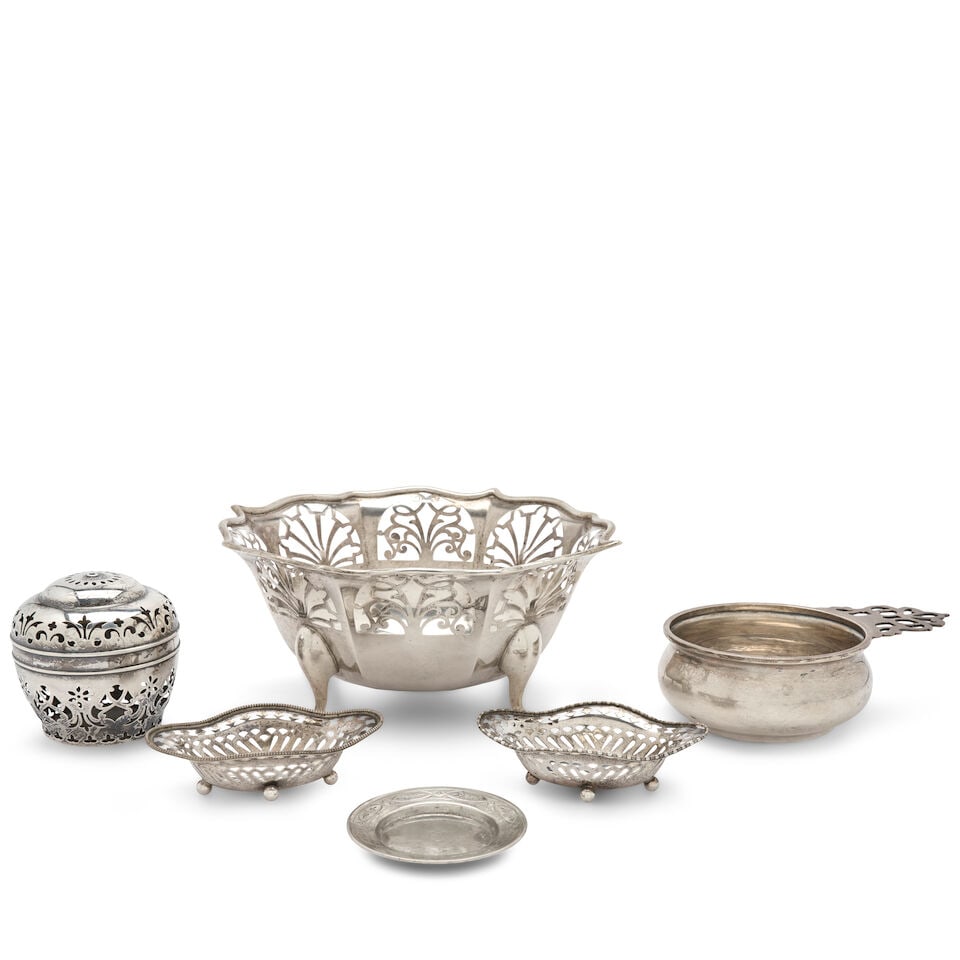 Six-pieces of American Sterling Silver,: Six-pieces of American Sterling Silver, includes a Howard and Co. footed bowl, dia. 8 1/2; a Gorham pierced string holder, engraved, ht. 3; a pair of nut dishes retailed by Bigelow, Kennard & Co.,
